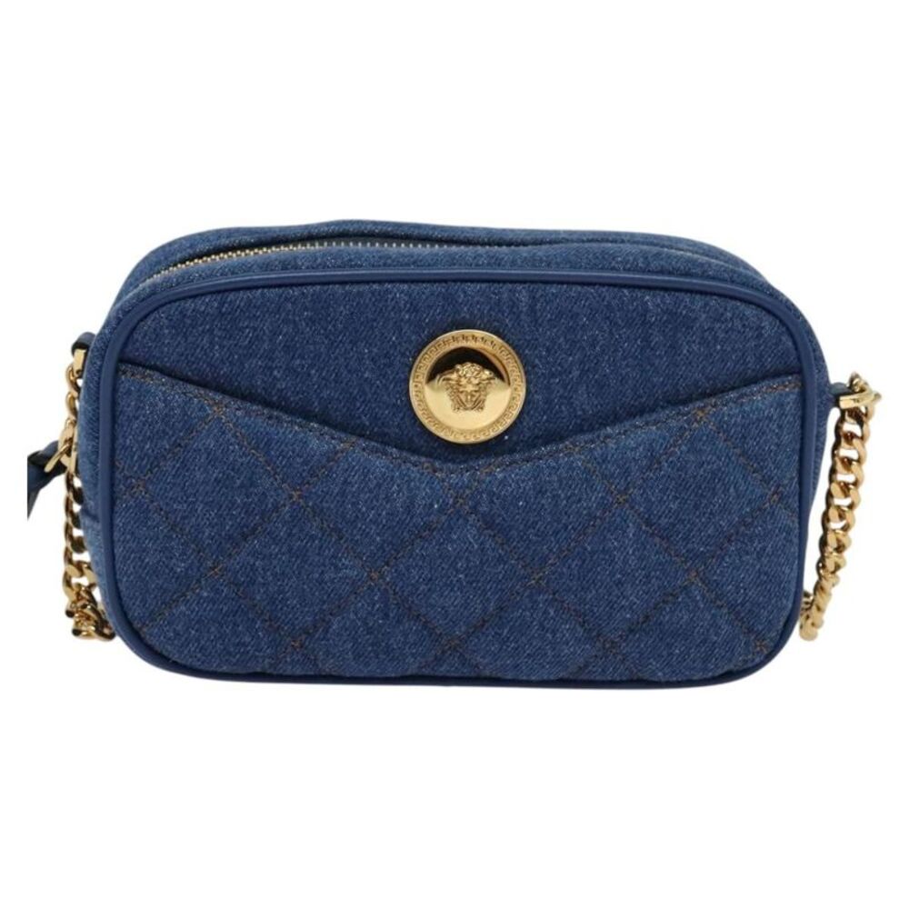 Versace Medusa Icon Front Slip Pocket Camera Quilted Denim Blue Canvas Shoulder